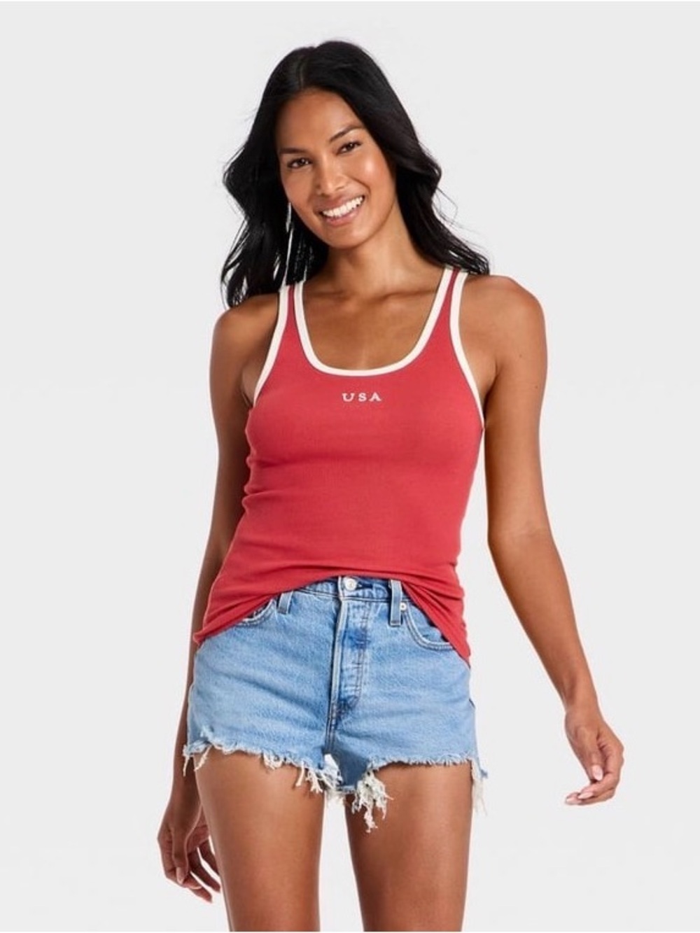 Red Ribbed Tank with White Contrast Trim and 'USA' Graphic